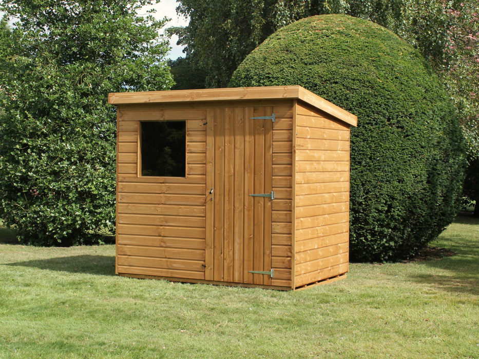 Classic wooden shed with pent style roof, single door at front, single window at front. Viewed from the front/right side. 