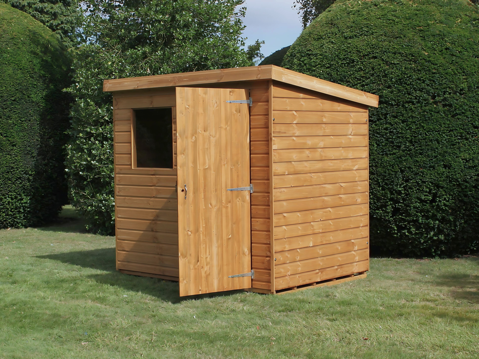 Classic wooden shed with single door opened, single window at front, pent style roof. Viewed from the front/right side. 
