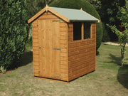 Classic wooden shed with apex style roof, single door, two side windows. Viewed from the front/right side. 