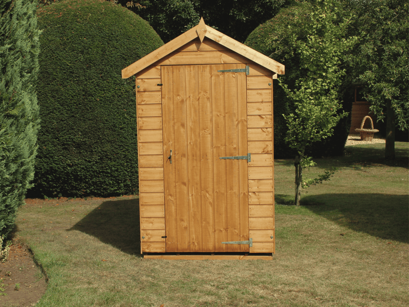 Classic wooden shed with apex style roof, single door. Viewed from the front. 