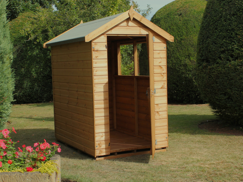 Classic wooden shed with side windows, apex-style roof, opened single door showing the interior. Viewed from the front/left side. 