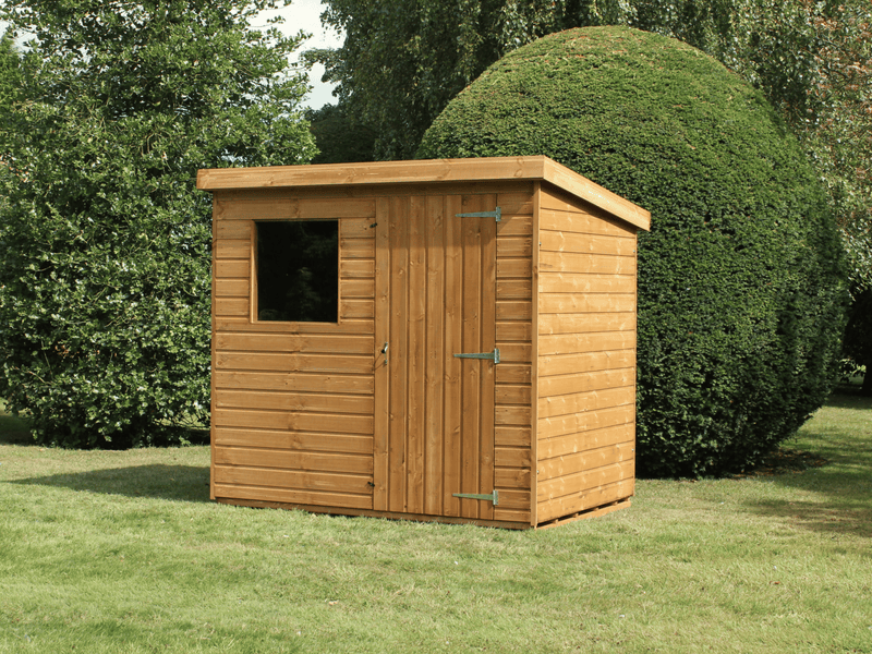 Classic wooden shed with pent style roof, single door at front, single window at front. Viewed from the front/right side. 