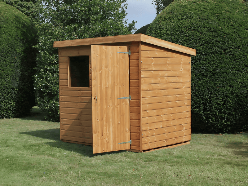 Classic wooden shed with single door opened, single window at front, pent style roof. Viewed from the front/right side. 