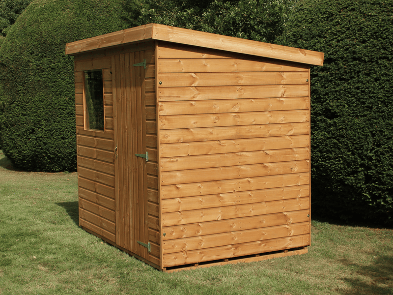 Classic wooden shed with single door and single front window, with pent style roof. Viewed from the right side. 