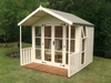 Wooden summerhouse painted in white with large double doors, side opening windows, viewed from the front. 