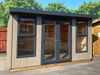 Deluxe Summerhouse / Office with UPVC double doors and two windows, painted in a neutral finish and viewed from the front