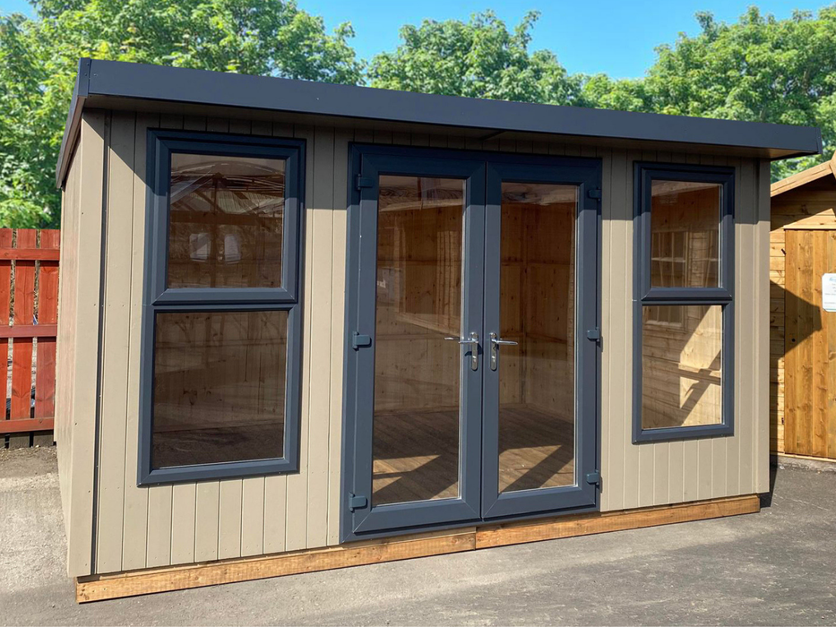 Deluxe Summerhouse / Office with UPVC double doors and two windows, painted in a neutral finish and viewed from the front