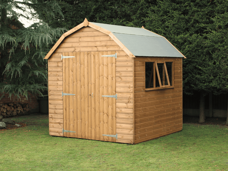 Wooden shed with pitched barn-style apex roof. Featuring double doors and side opening windows, viewed from the front/right side. 