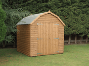 Wooden shed with pitched barn-style apex roof. Featuring double doors and side opening windows, viewed from the front/left side. 