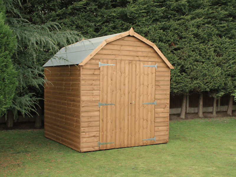 Wooden shed with pitched barn-style apex roof. Featuring double doors and side opening windows, viewed from the front/left side. 