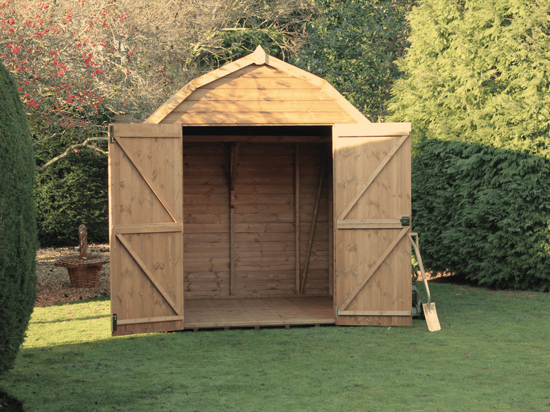 Wooden shed with pitched barn-style apex roof. Featuring open double doors showing the interior, viewed from the front.