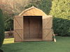 Wooden shed with pitched barn-style apex roof. Featuring open double doors showing the interior, viewed from the front.