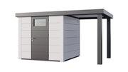 Large, white+grey metal garden building with single door, covered area on right side, viewed from the front. 