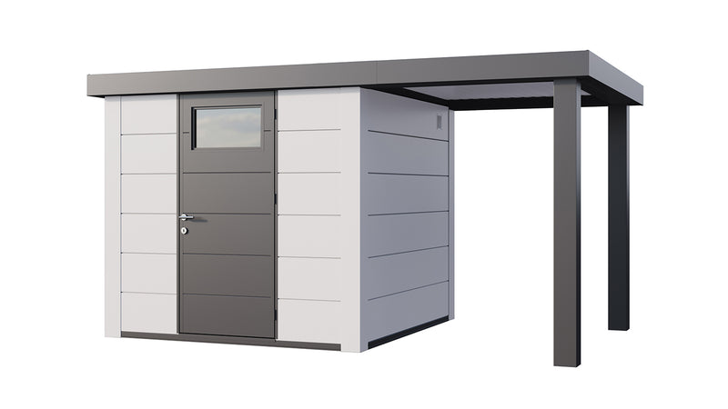 Large, white+grey metal garden building with single door, covered area on right side, viewed from the front. 
