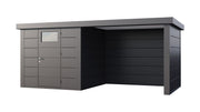 Large, dark grey, metal garden building with single door large canopy area on right side, viewed from the front. 