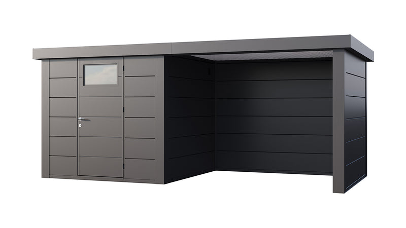 Large, dark grey, metal garden building with single door large canopy area on right side, viewed from the front. 