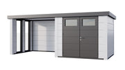 Large, white+grey metal garden building with double doors, large canopy area on left side, viewed from the front. 