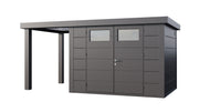 Large, dark grey metal garden building with doube doors, covered area on left side. 