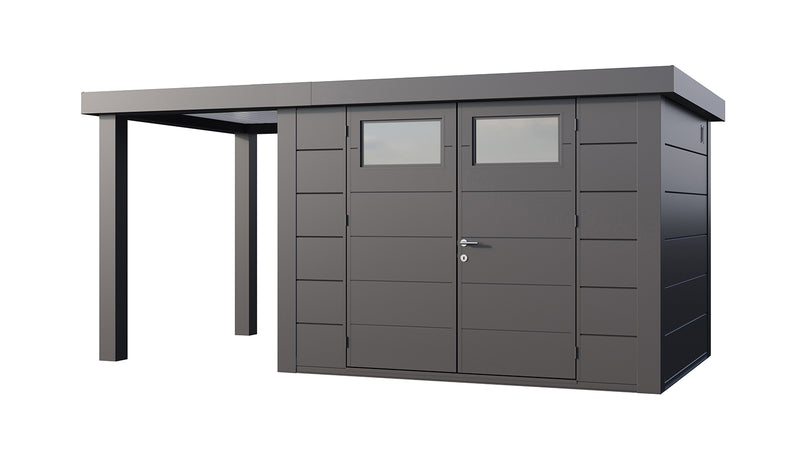 Large, dark grey metal garden building with doube doors, covered area on left side. 