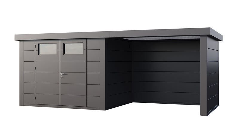 Large, dark grey metal garden building with double doors, large canopy area on right side, viewed from the front. 