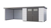 Large, white metal garden building with double doors, large canopy area on right side, viewed from the front. 