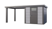 Large, light grey, metal garden building with covered area on left side, viewed from the front. 