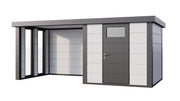 Large, white+grey metal garden building with single door, large canopy area on left side, viewed from the front. 