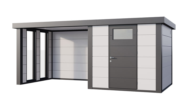 Large, white+grey metal garden building with single door, large canopy area on left side, viewed from the front. 