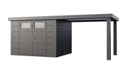 Large, dark grey metal garden building with double doors, covered area on right side. 