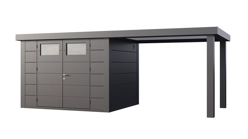 Large, dark grey metal garden building with double doors, covered area on right side. 