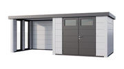 Large, white metal garden building with double doors, large canopy area on right side, viewed from the front.  