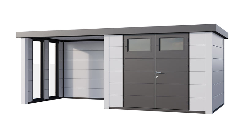 Large, white metal garden building with double doors, large canopy area on right side, viewed from the front.  