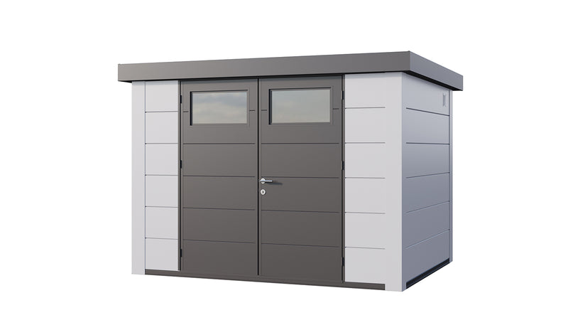 Large, white+grey metal garden building with double doors, viewed from front/right side. 