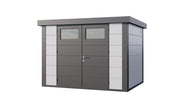 Large, white + grey metal garden building with double doors, viewed from front/right side. 