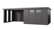 Large, dark grey metal garden building with double doors, large canopy area on right side, viewed from the front. 