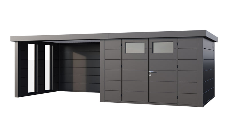 Large, dark grey metal garden building with double doors, large canopy area on right side, viewed from the front. 