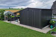 Europa steel shed with an added canopy in a happy customer's garden