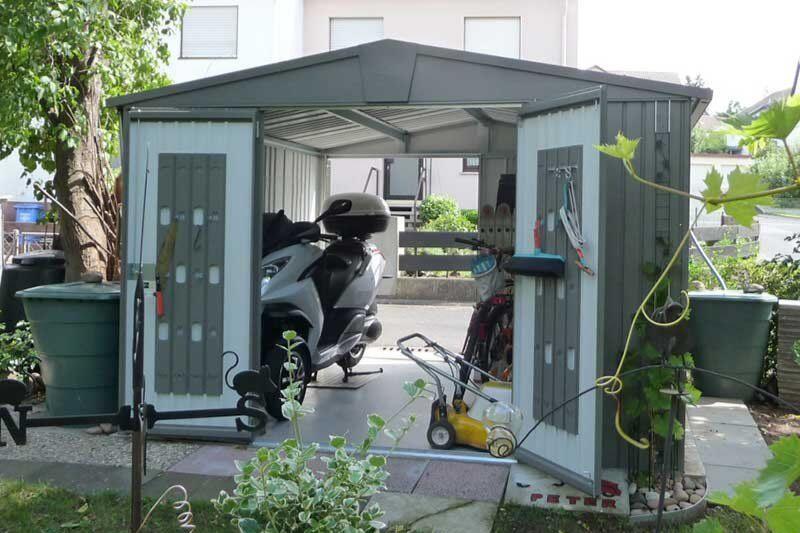 Europa steel shed being used by a customer as a motorbike workshop