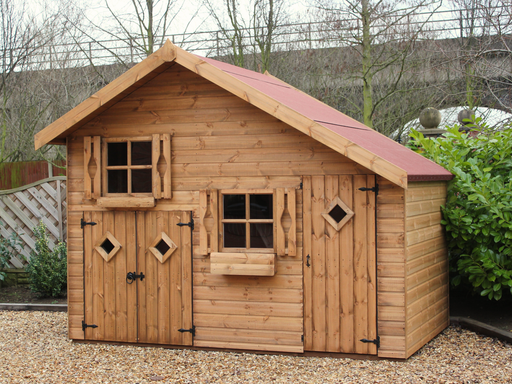 Large wooden children's playhouse with shorter double doors, taller single door, two acrylic windows, viewed from the front. 