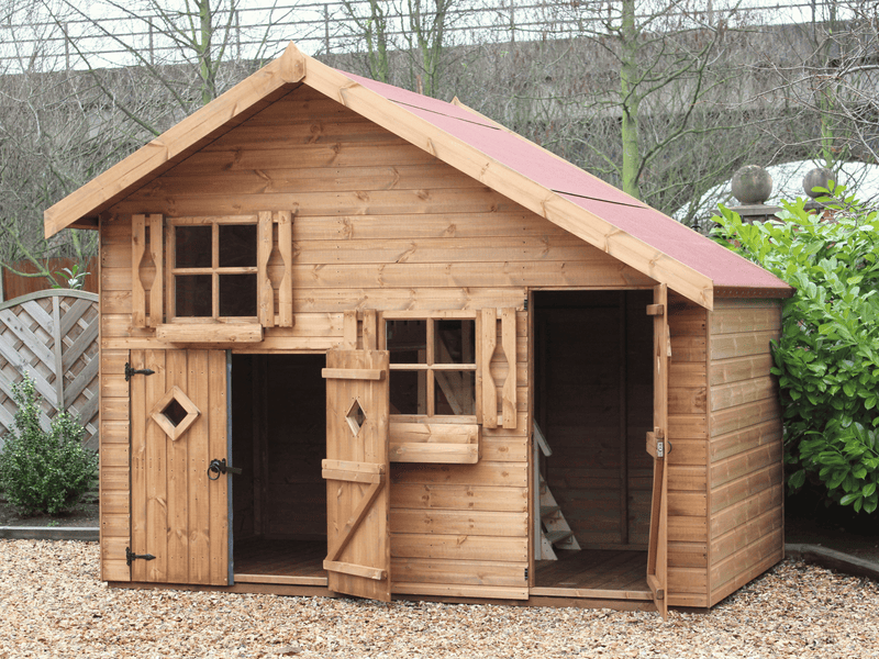 Large wooden children's playhouse, with shorter double doors and taller single door opened showing interior, two acrylic windows, viewed from the front. 