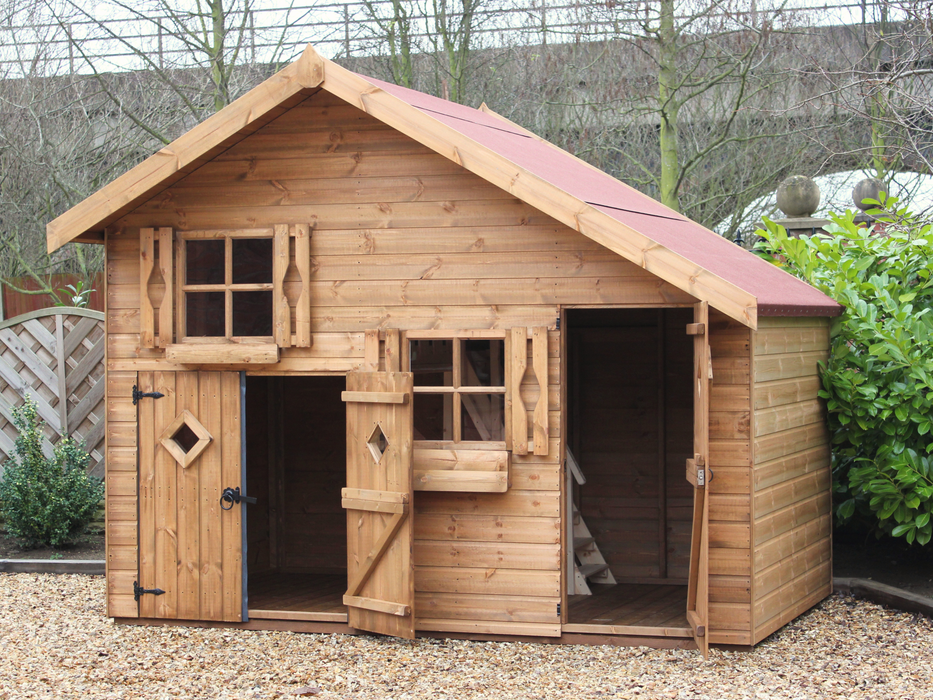 Large wooden children's playhouse, with shorter double doors and taller single door opened showing interior, two acrylic windows, viewed from the front. 