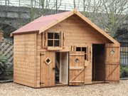 Large wooden children's playhouse with shorter double doors, taller single door opened revealing the interior, two acrylic windows, viewed from the front/left side. 