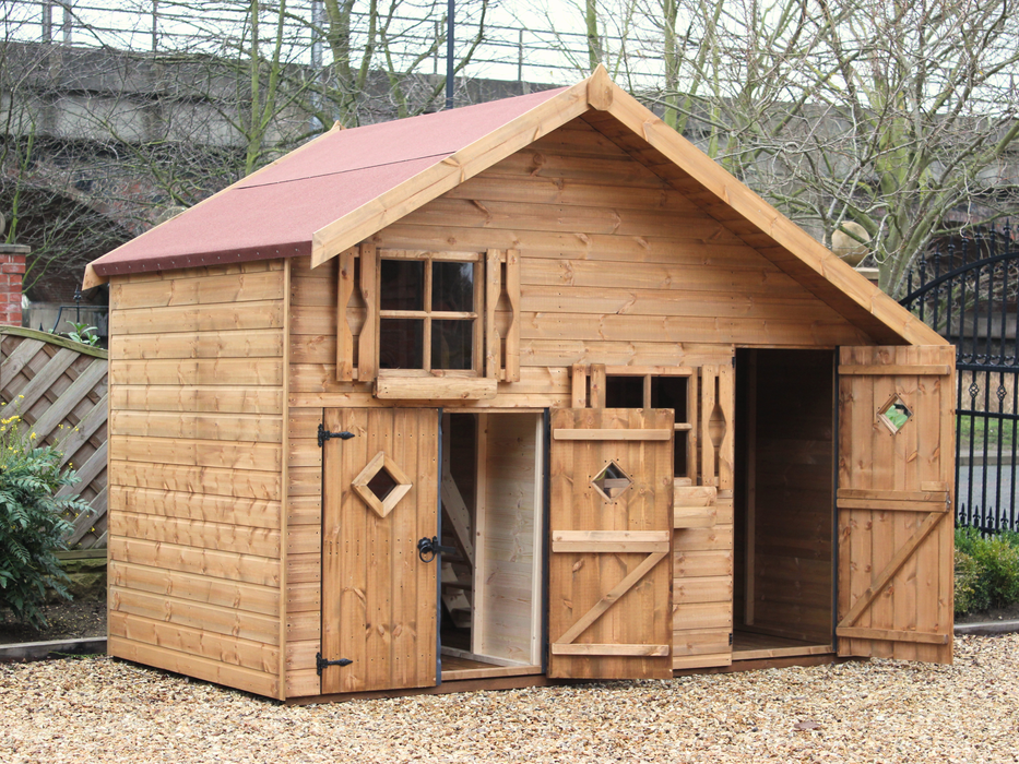 Large wooden children's playhouse with shorter double doors, taller single door opened revealing the interior, two acrylic windows, viewed from the front/left side. 