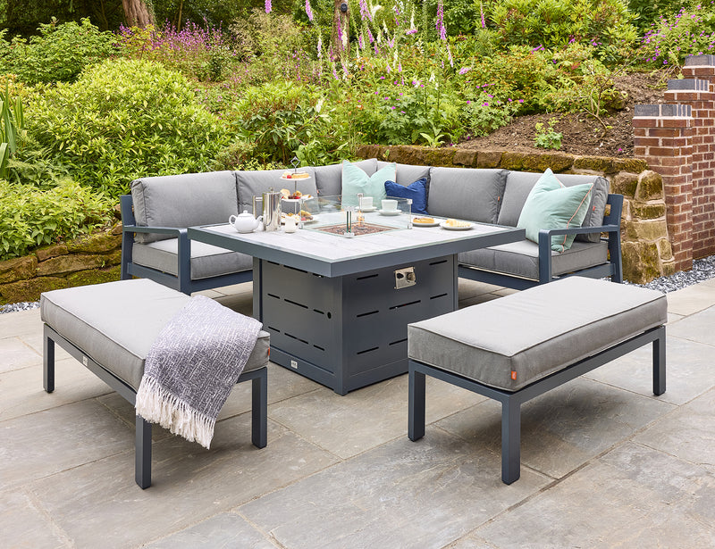 Tutbury Fire Pit Table with Corner Sofa and Two Large Benches