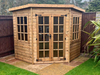 Georgian Corner Summerhouse with double doors and two opening side windows, in a natural timber finish and viewed from the front