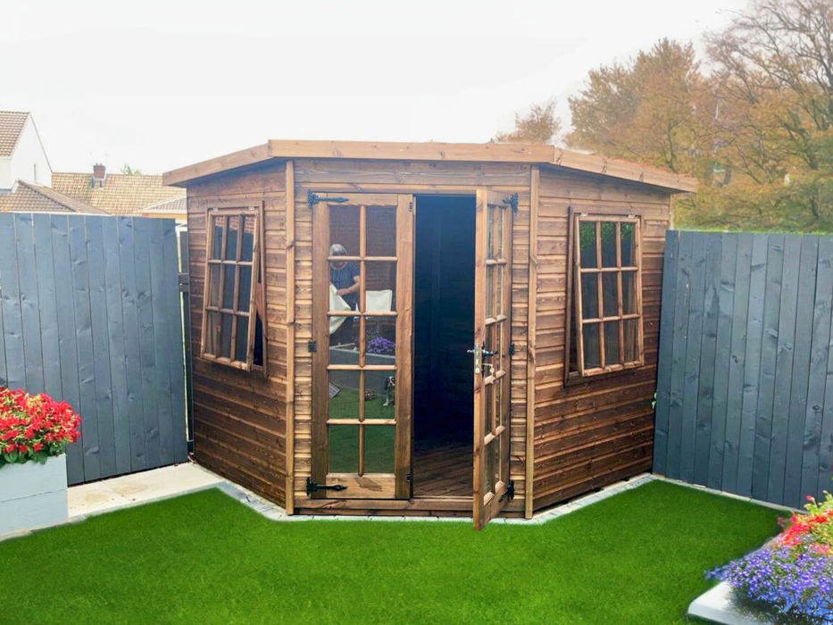 Georgian Corner Summerhouse with open double doors and two opening side windows, in a natural timber finish and viewed from the front
