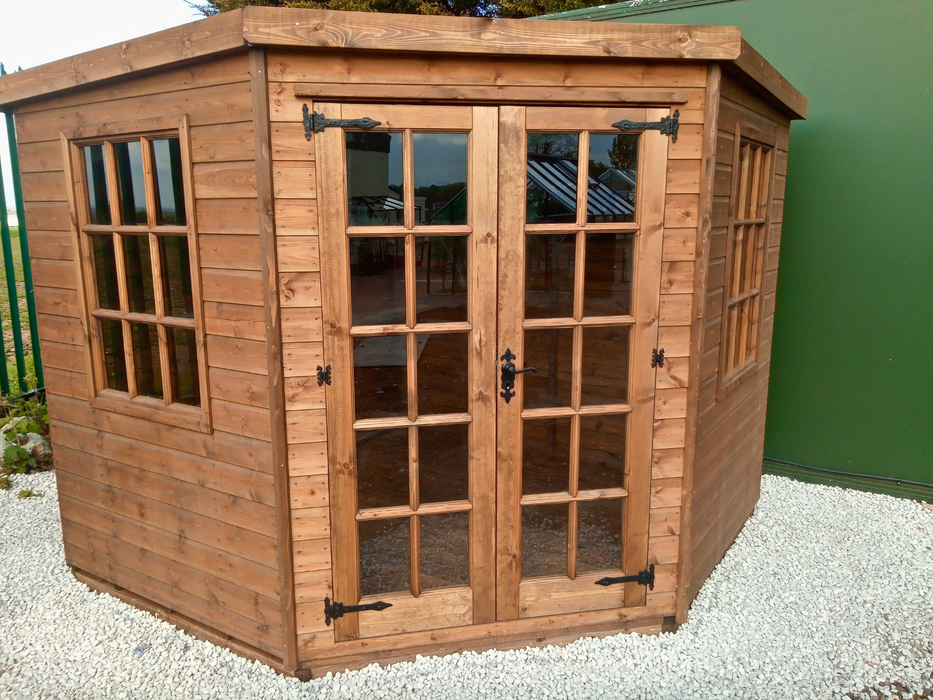 Georgian Corner Summerhouse with double doors and two side windows, in a natural timber finish and viewed from the front