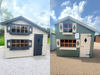Side-by-side images of two Harrison's Den two-storey children's playhouses, one painted in white and blue, the other in green and white, both viewed from the front