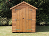 Heavy duty shed with apex roof, with double doors, viewed from the front. 