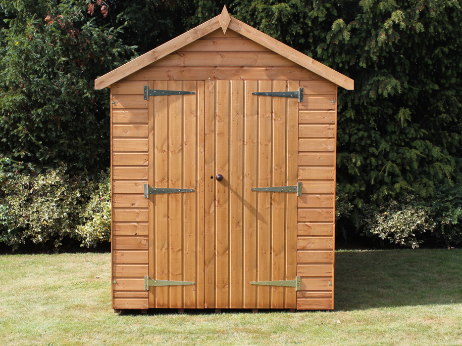 Heavy duty shed with apex roof, with double doors, viewed from the front. 